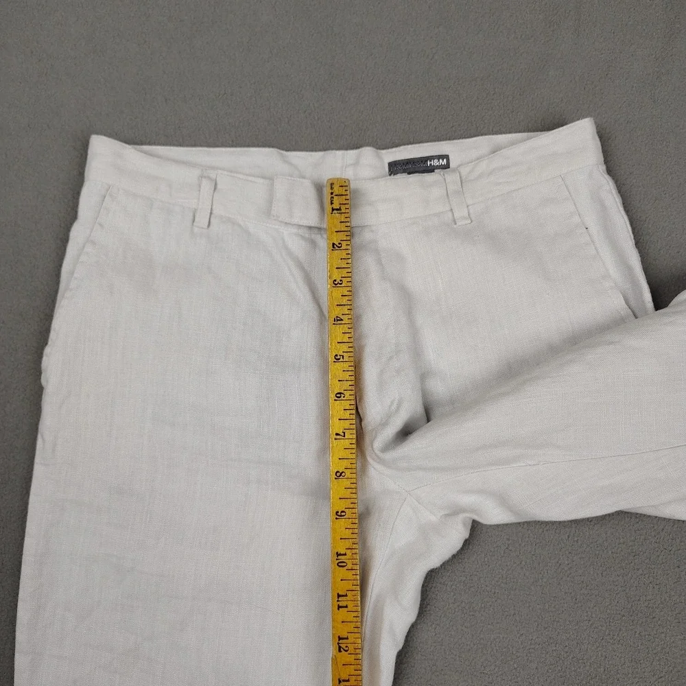 H&M 100% Linen Pants Women 8 Tall White Straight Button Casual Beach 30